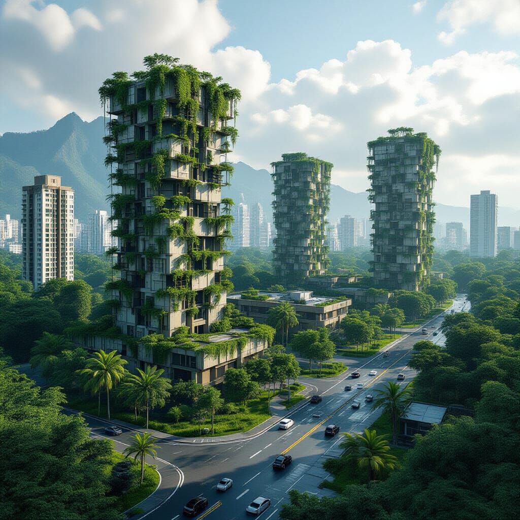 Overgrown Cityscape: Nature Reclaims Urban Ruins