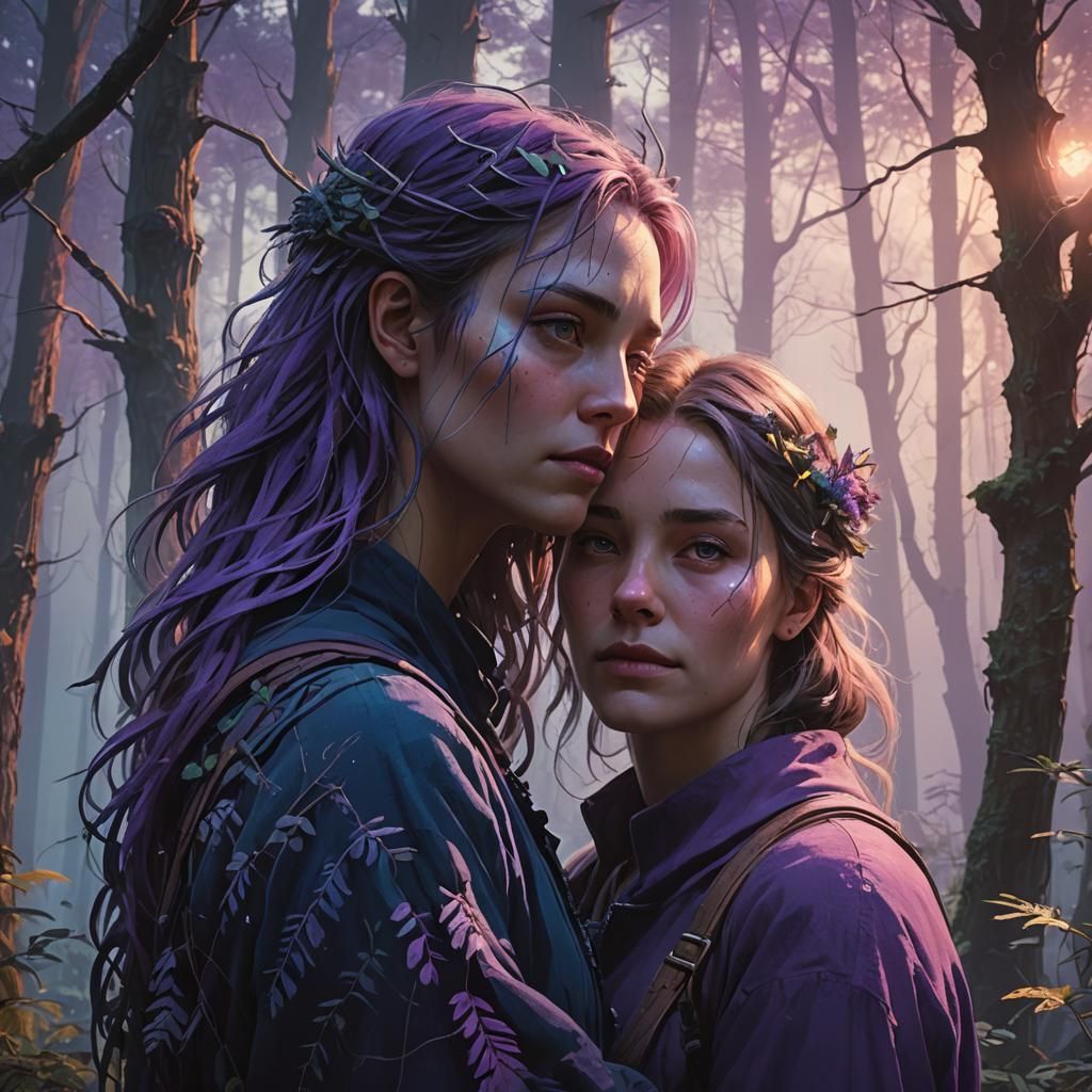 Mystical Lovers Embrace in Enchanted Forest