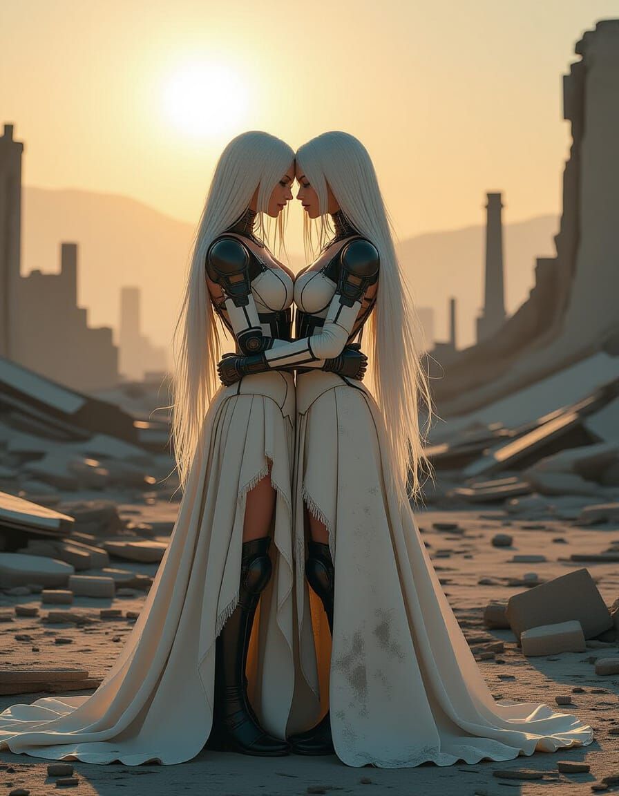 Cybernetic Women Embrace in Dystopian Ruins