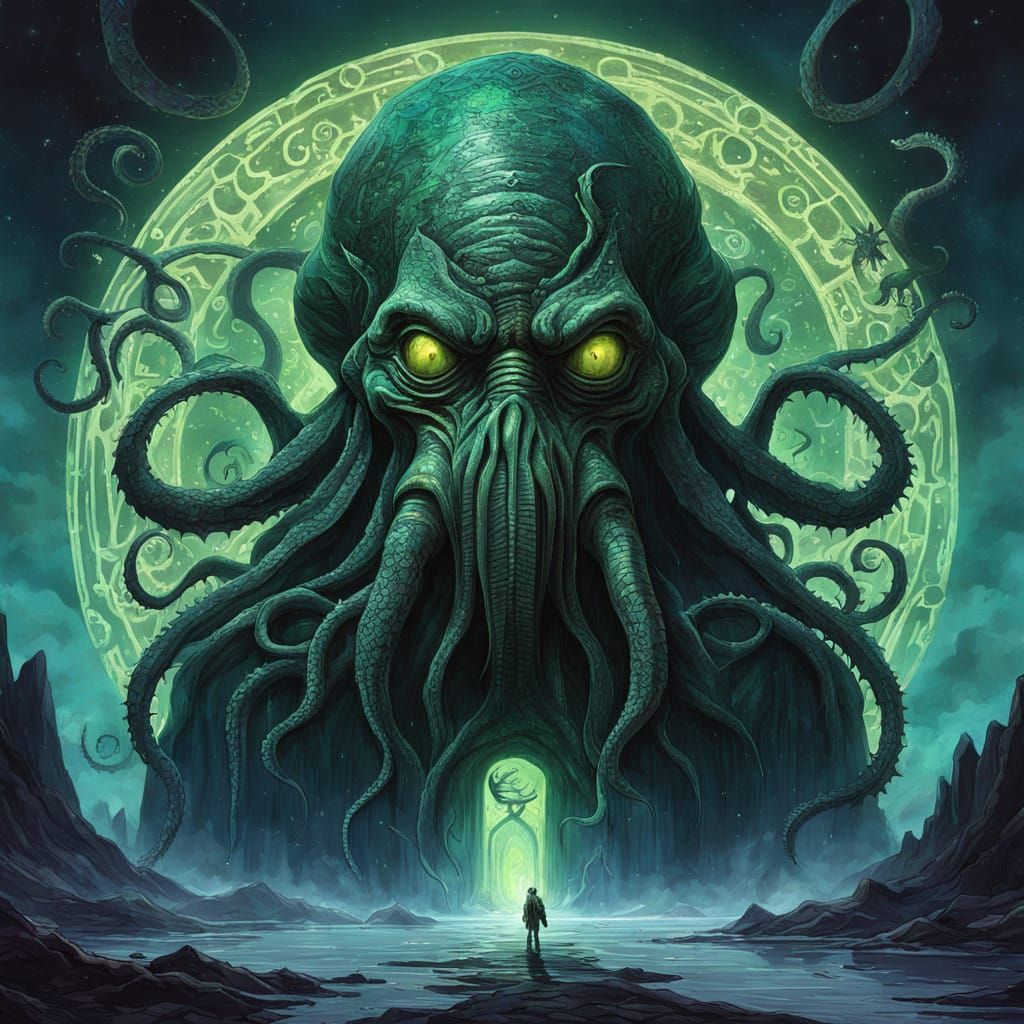 Cthulhu Holds Up Cosmic Sign in Celestial Hues