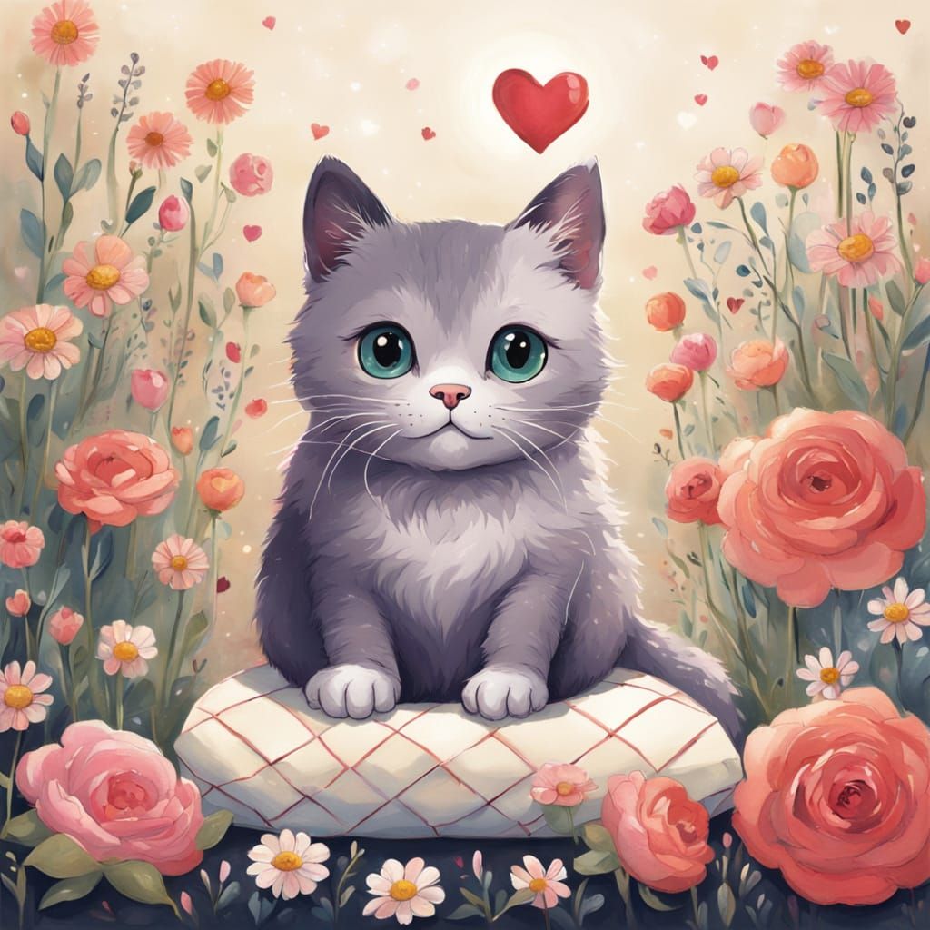 Cute Cat with Flowers in Victorian Illustration Style