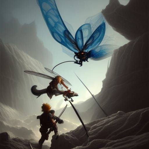 Warrior Confronts Giant Wasp in Blue Desert