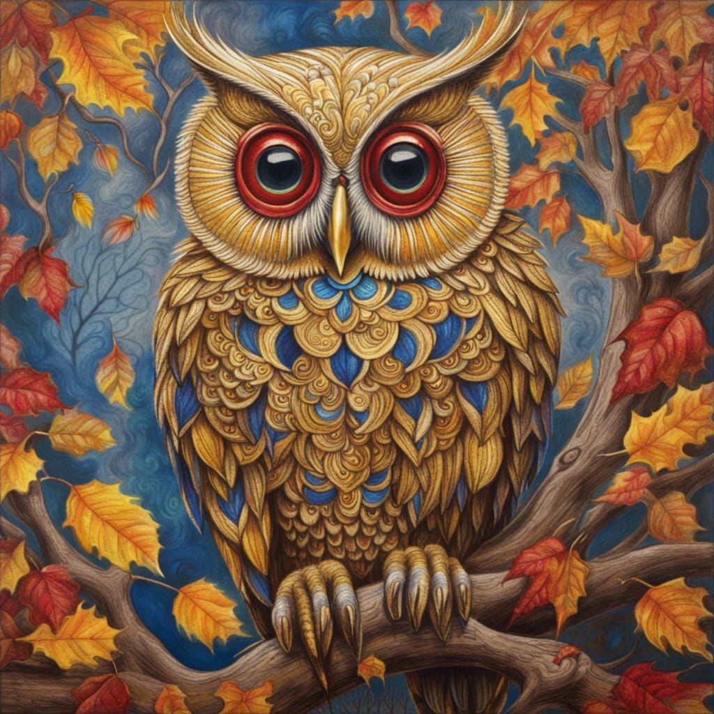 Golden Owl in Autumn Tree, Detailed Charcoal Drawing