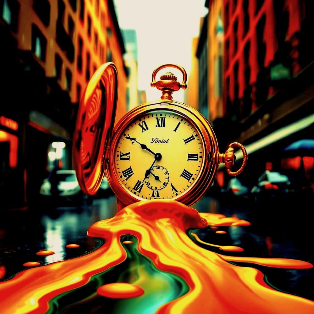 A Golden Pocket Watch Melts in Surrealistic Harmony