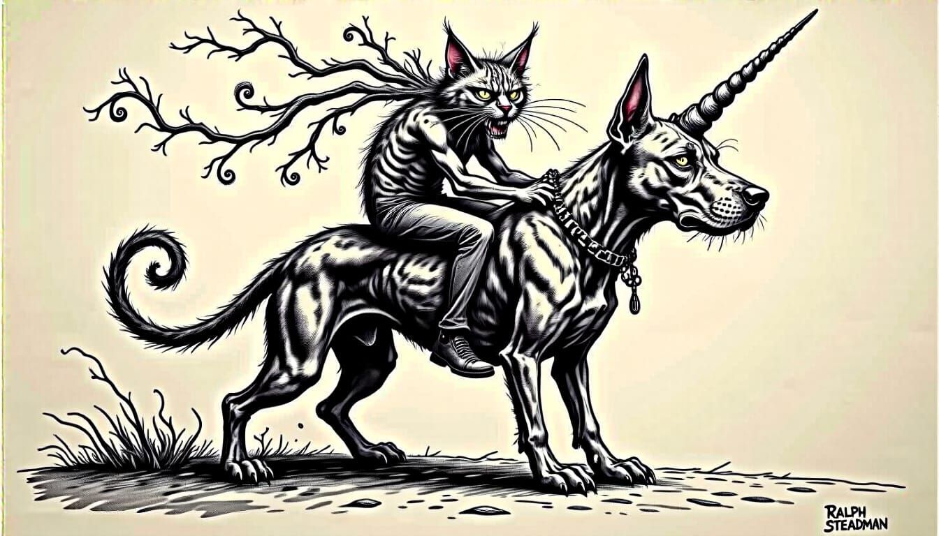 Psychedelic Cat Rider in Etched Ink Style