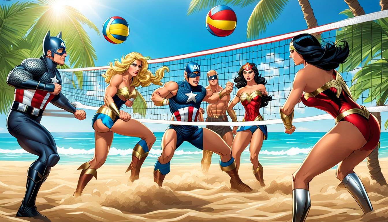 Superheroes Play Beach Volleyball in Paradise