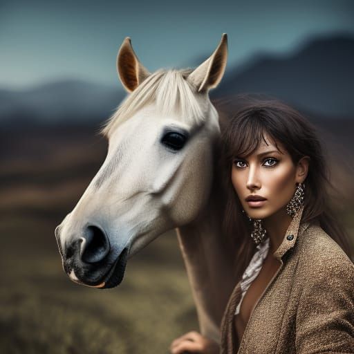 Woman and Horse in Natural Light, Hyperrealistic Style