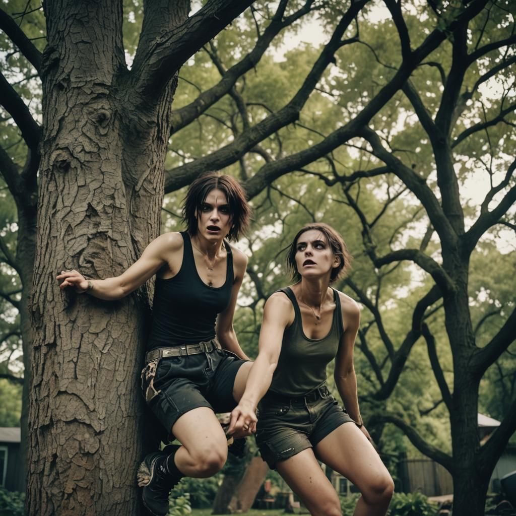 Dramatic Film Still of Emo Woman Climbing Tree