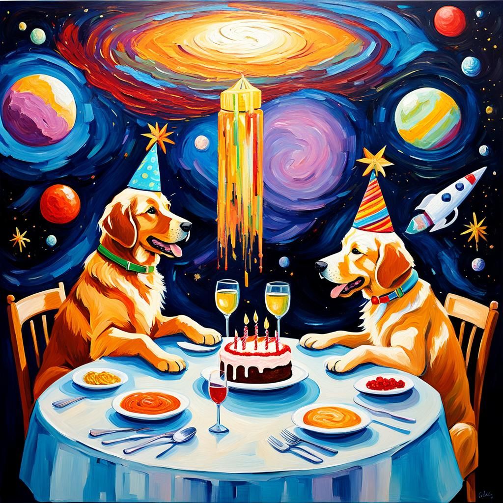 Golden Retrievers' Romantic Space Dinner: Neo-Impressionism