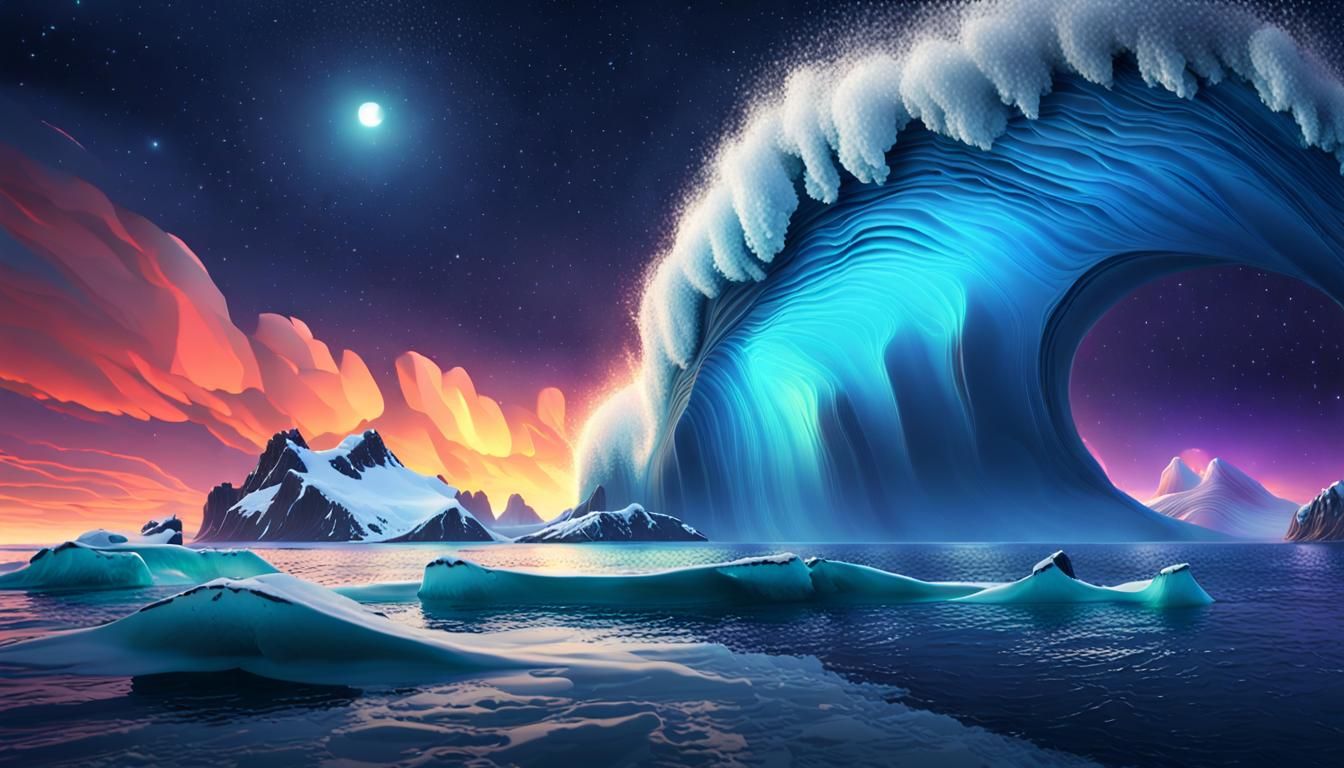 Antarctic Tidal Waves Under Stars: 3D Digital Art