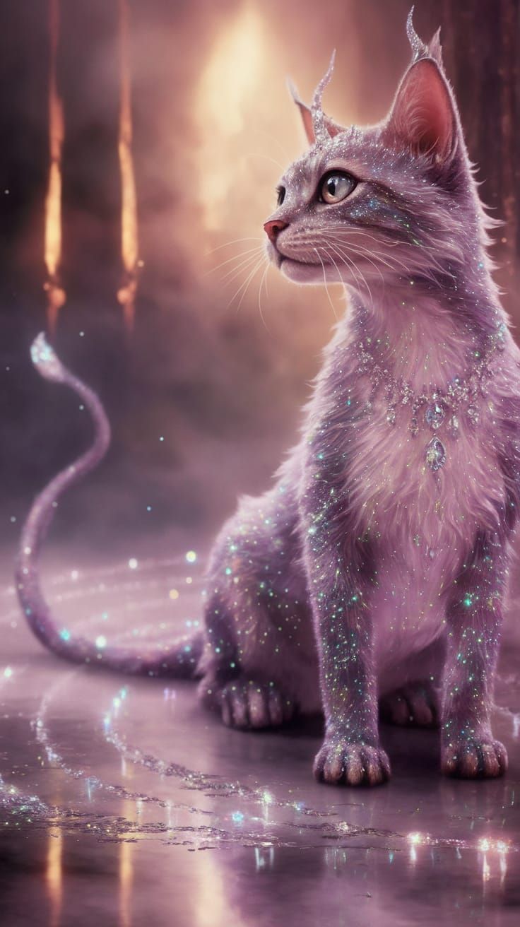Ethereal Fantasy Dragon Cat in Whimsical, Crystal Fur