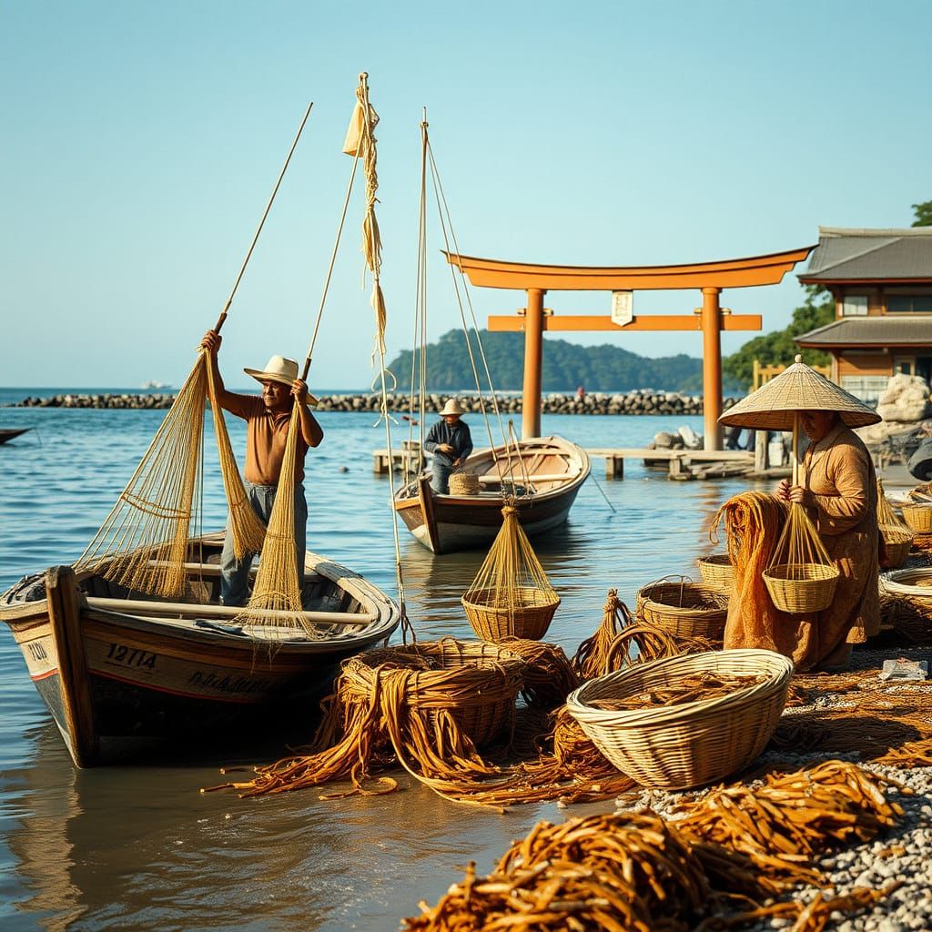 Okinawan Fishermen and Traditions on a Sunlit Shore