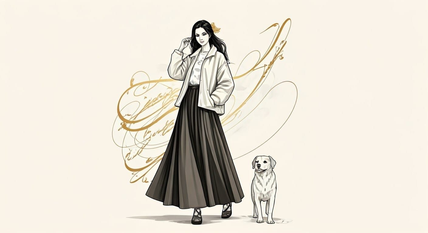 Elegant Woman and Dog in Calligraphic Doodle Art
