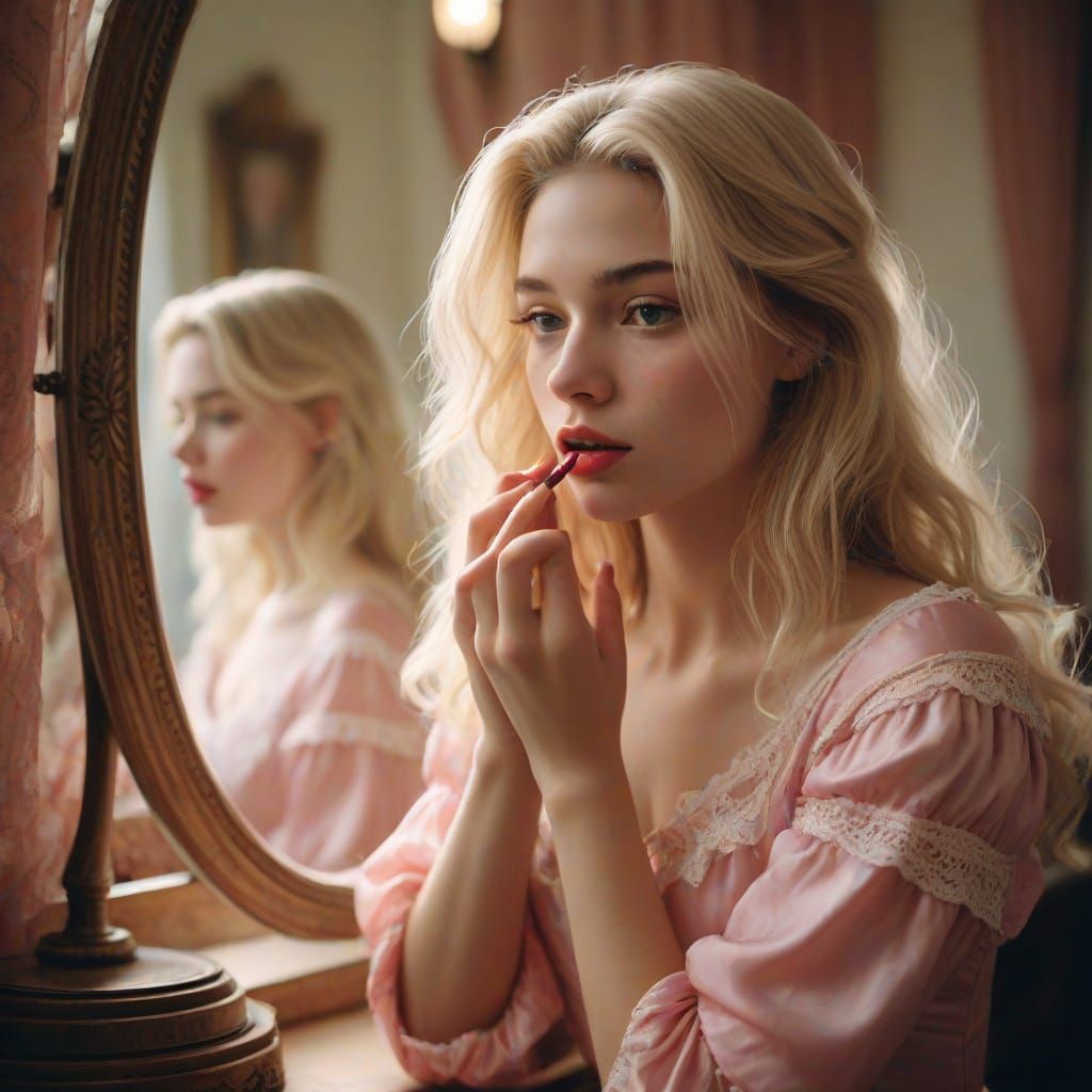 Blonde Youth Applies Red Lipstick at Antique Vanity