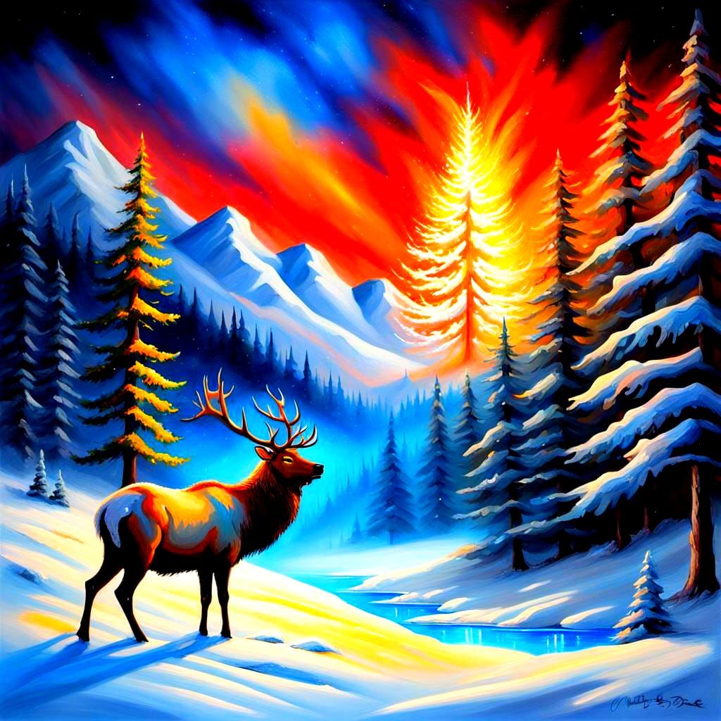 Mystical Elk with Flaming Eyes in Synthwave Style