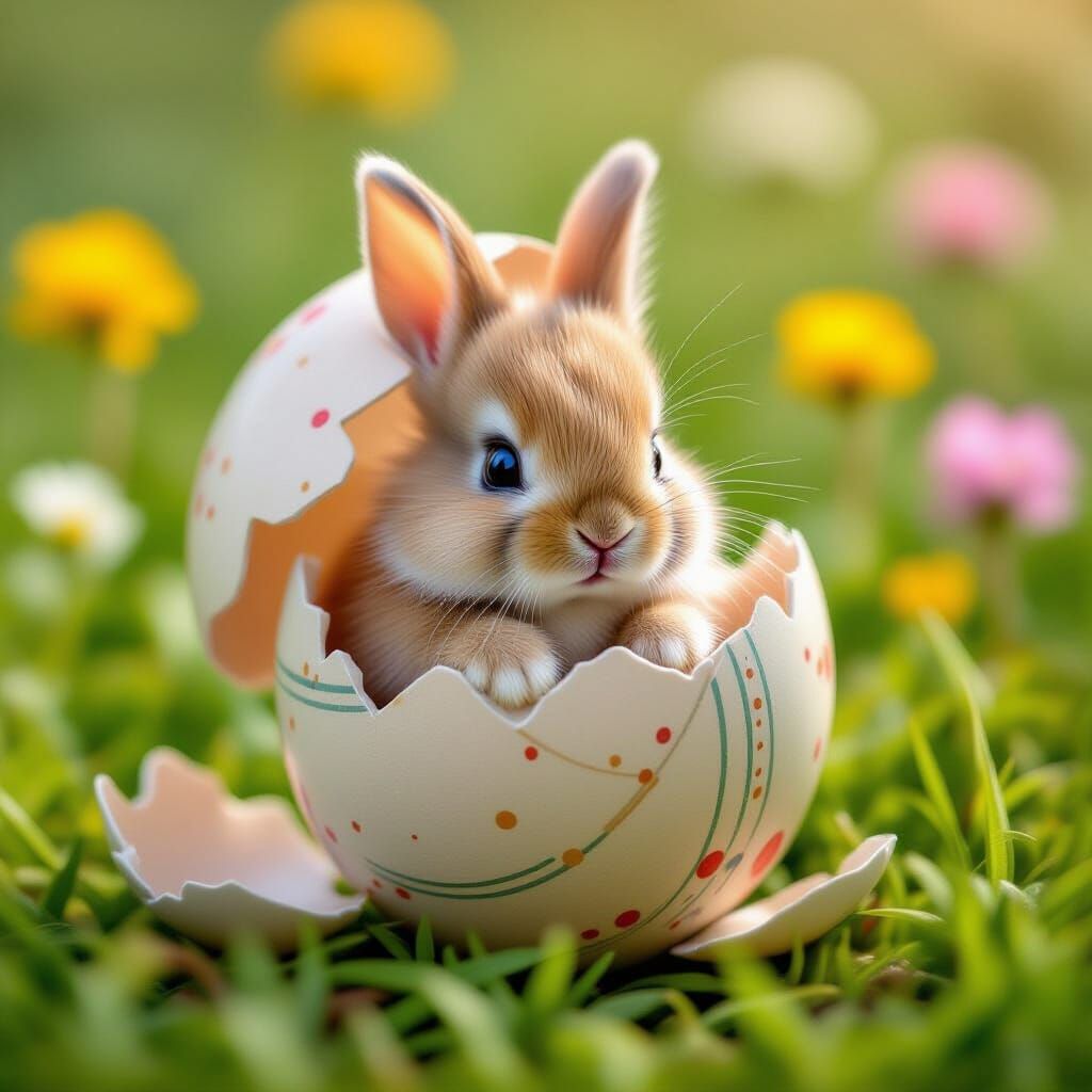 Cute Fluffy Rabbit Crawls From Painted Easter Egg