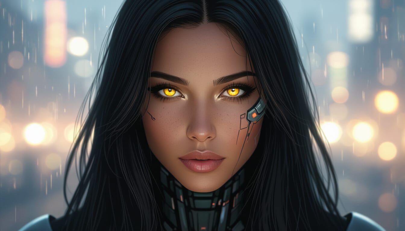Cyborg Woman with Glowing Eyes in Cyberpunk Style
