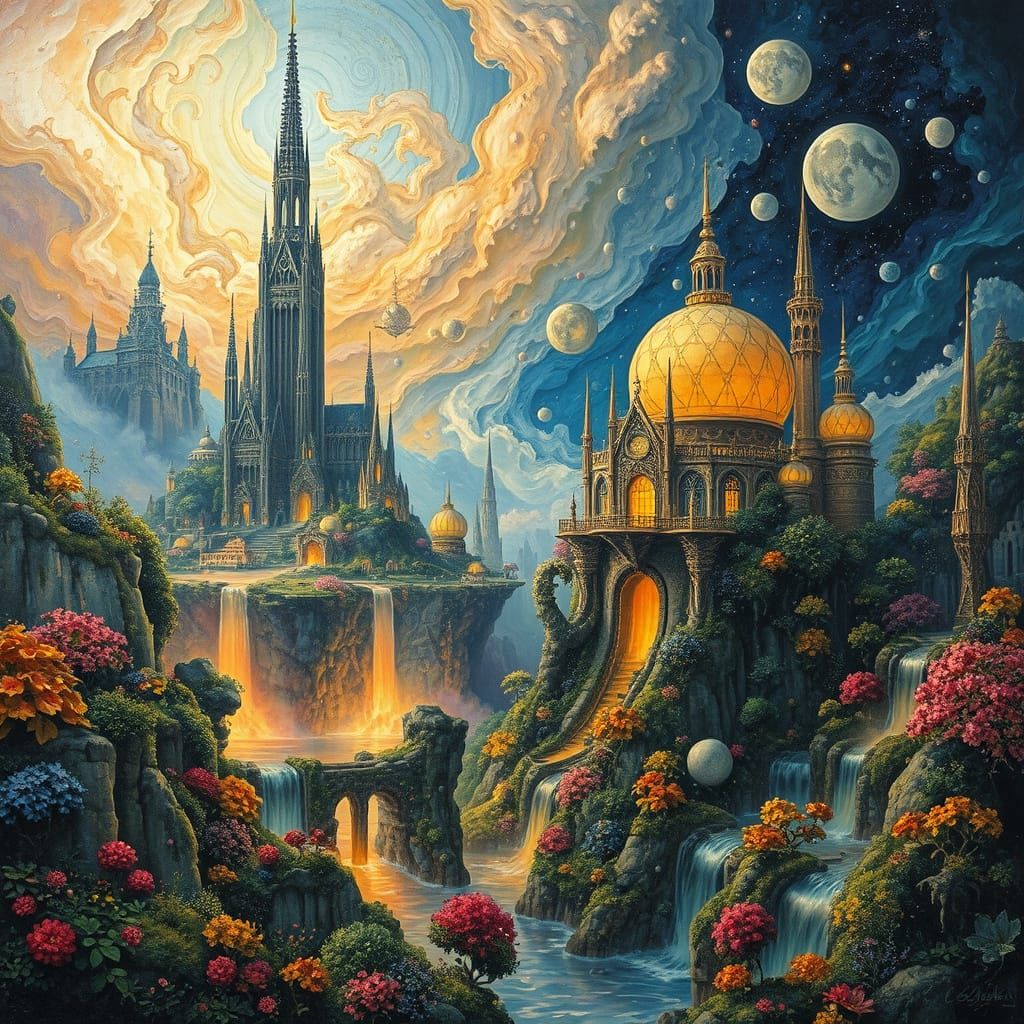 Surreal Golden Era Cosmic Landscape with Majestic Towers