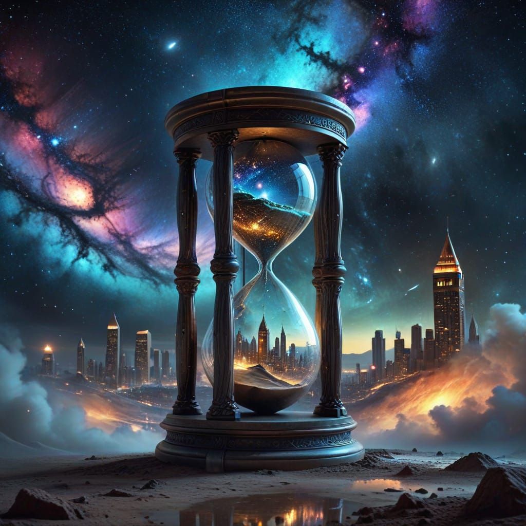 Galactic Hourglass with Celestial Cityscape