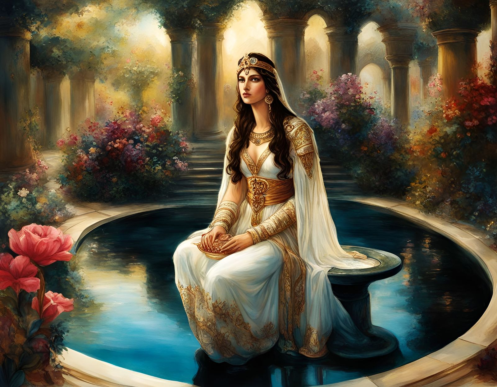 Egyptian Princess at Water Fountain, Renaissance Painting
