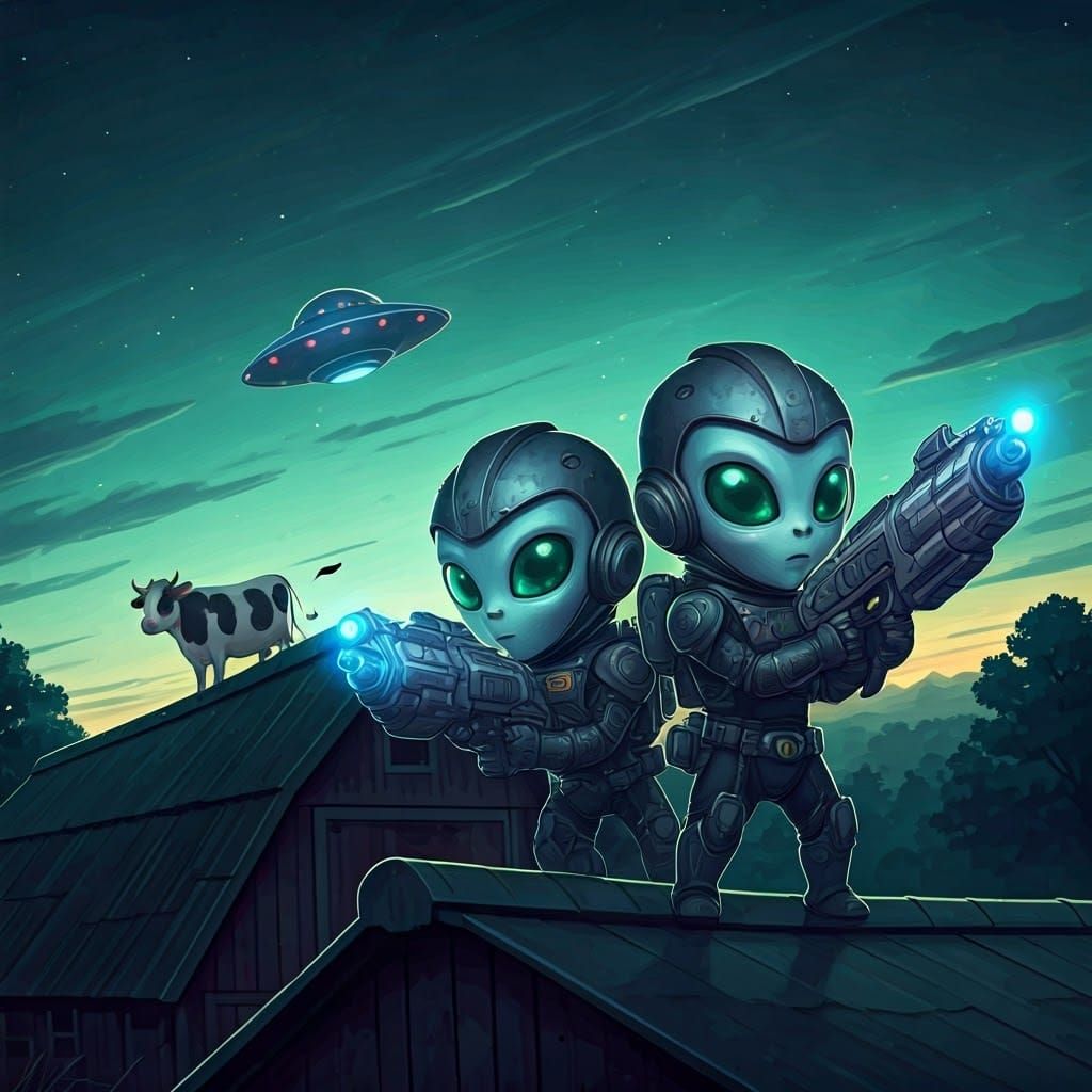 Chibi Aliens in Futuristic Armor, Anime-Style Watercolor Mas...