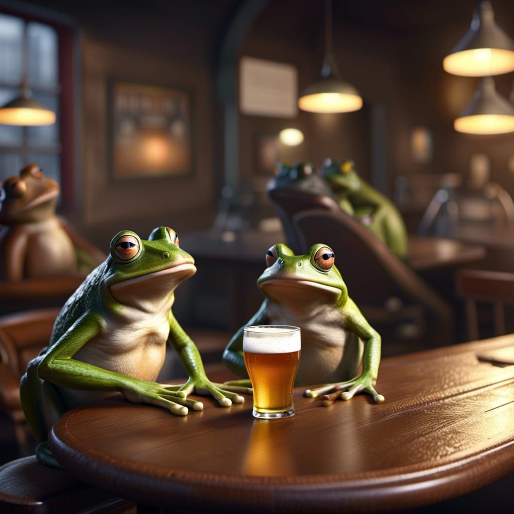 Frogs Drinking Beer in a Realistic Bar