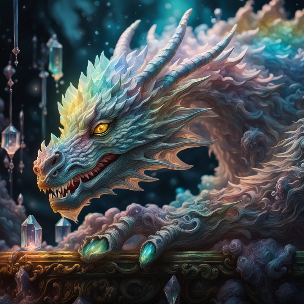 Pastel Crystal Dragon Sleeping in Dark Surroundings