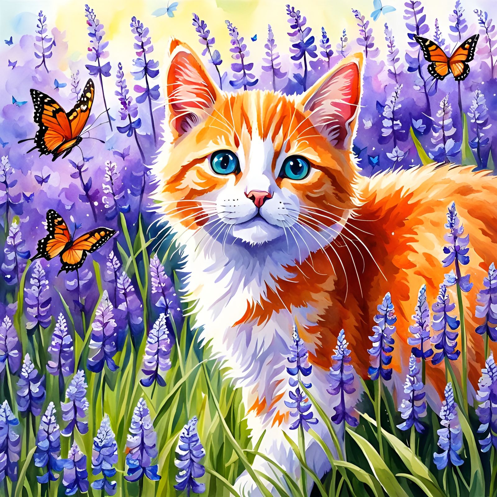 Cute Kitten and Butterflies in Watercolor