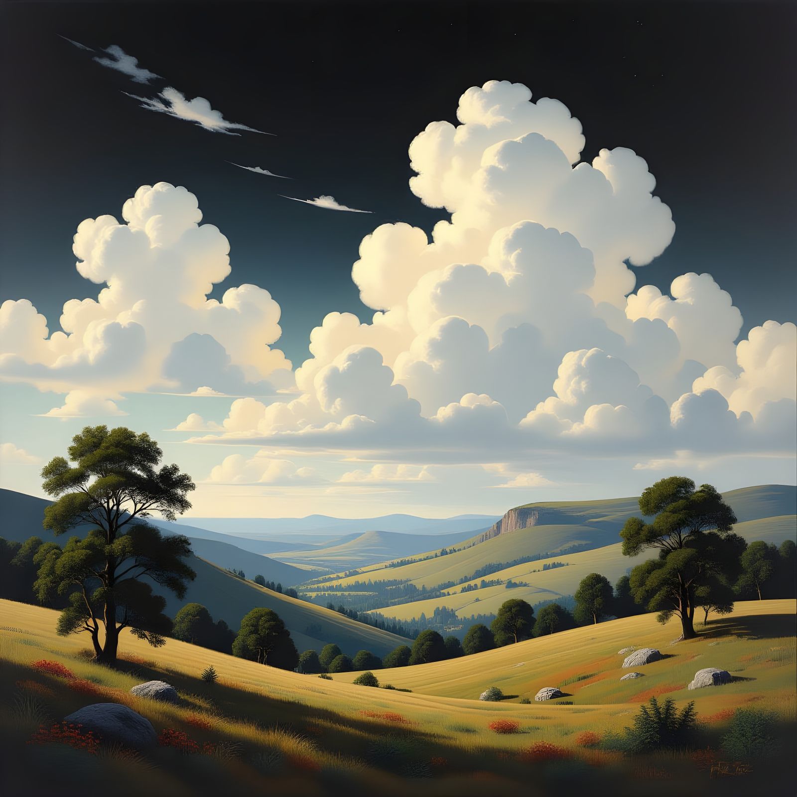 Dramatic Landscape with Black Sky and White Clouds