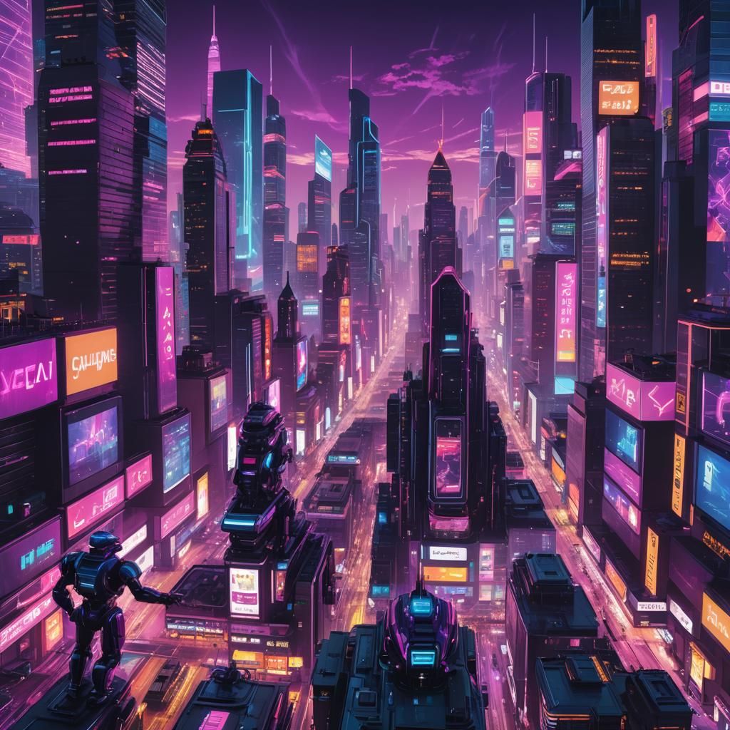 Synthwave Cityscape with Neon Lights and AI Integration