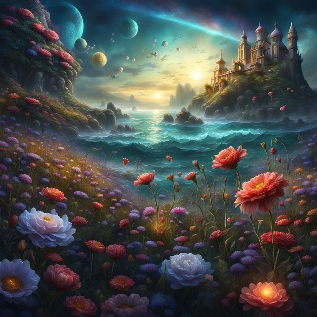 Blooming Flowers in a Timeless Meadow: Fantasy Art