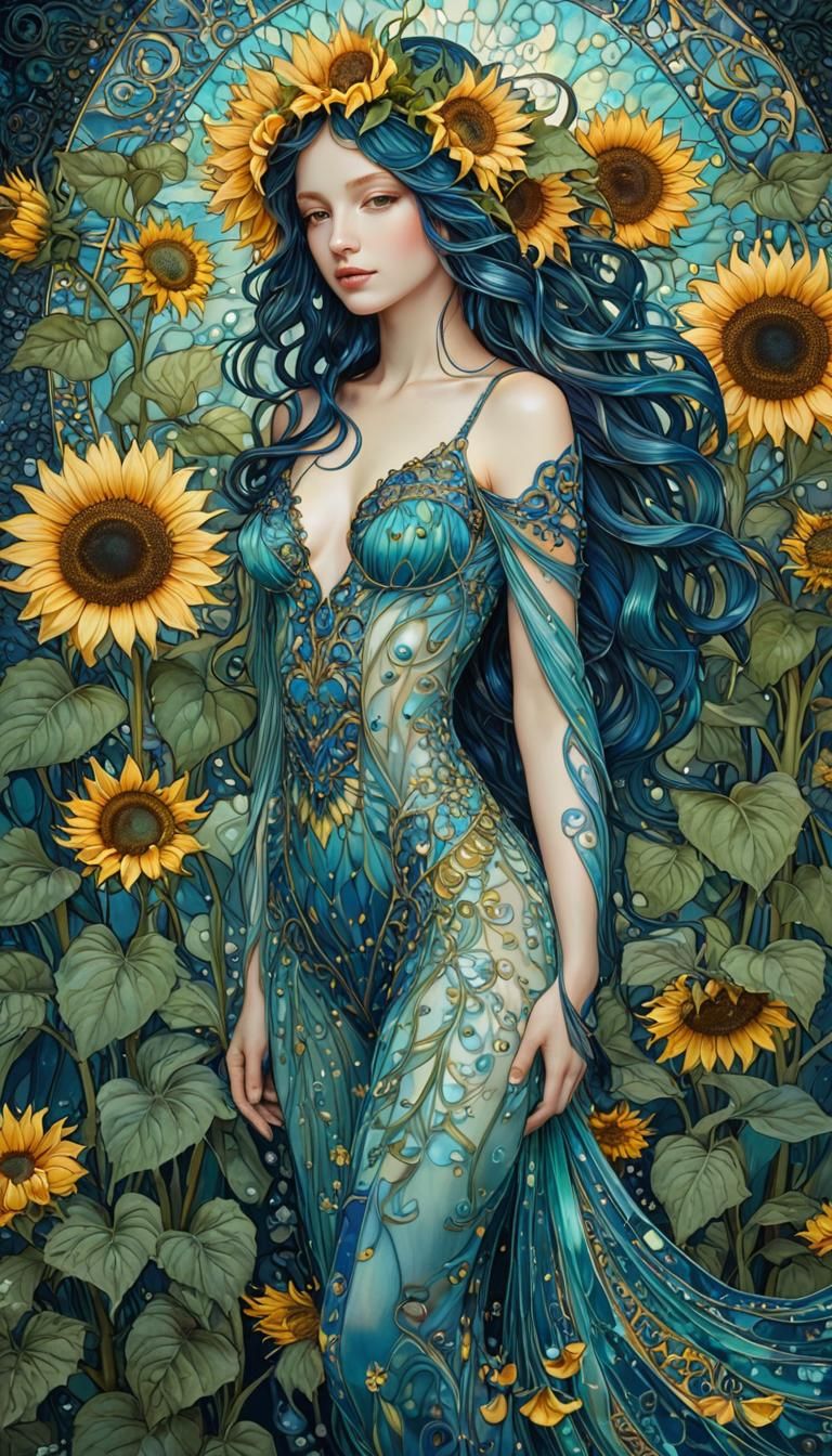 Water Nymph Transformation into a Sunflower in Zentangle Sty...