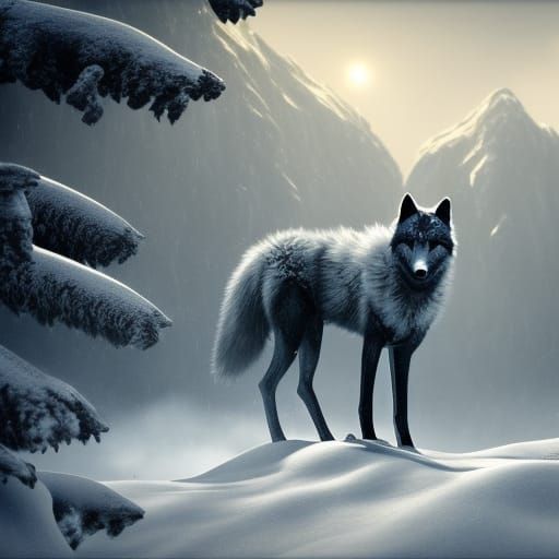 Lonely Wolf in Snowy Mountain Landscape