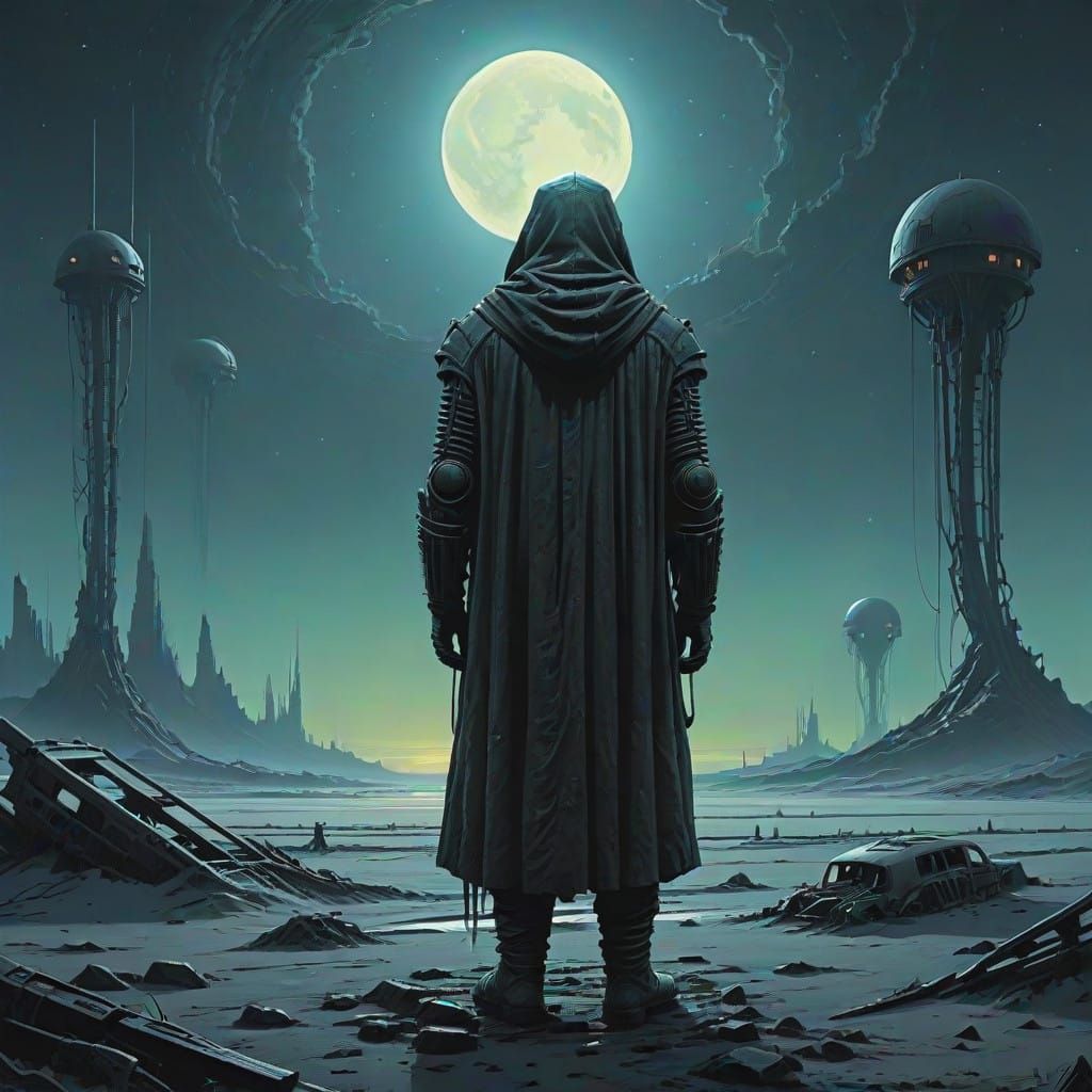 A lone figure stands at the edge of an endless, dark expanse