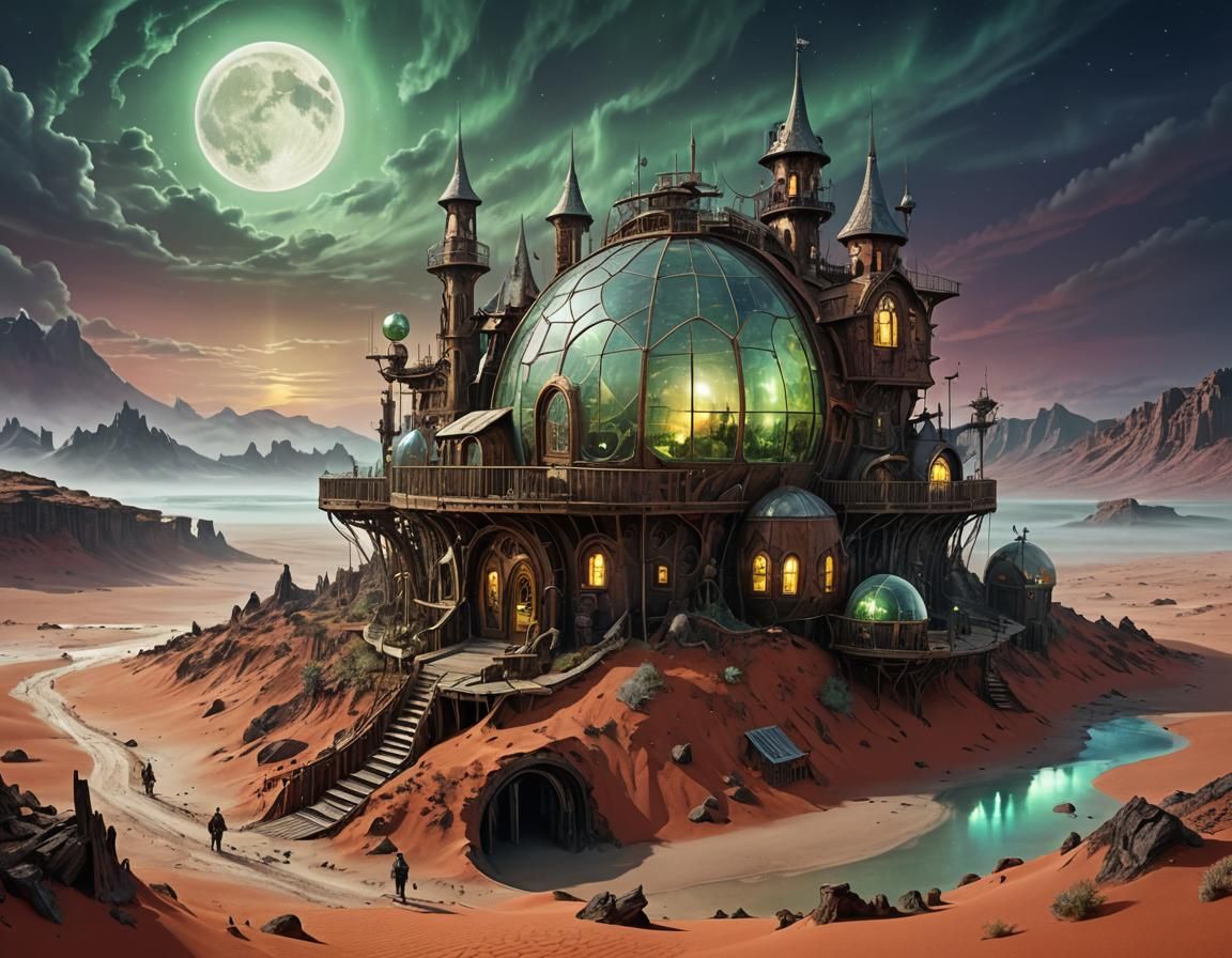 Gothic Steampunk Landscape with Northern Lights
