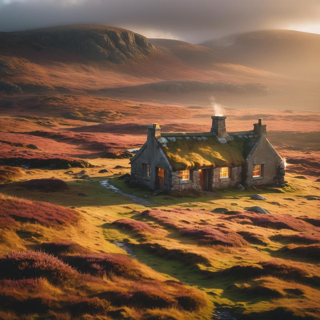 Remote Scottish Bothy in Misty Moorland