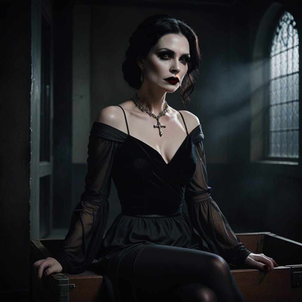 Elegant Vampire Siren in Dark Academia Setting