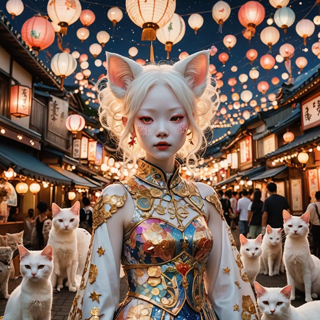 Albino Feline Humanoid at Japanese Fiesta in Cinematic Style