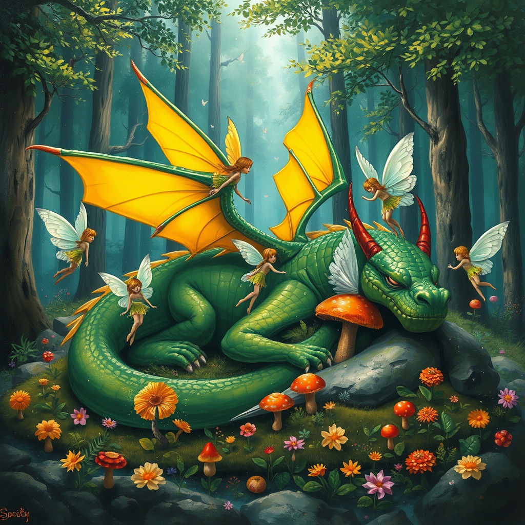Fairies and Green Dragon in Graffiti Art