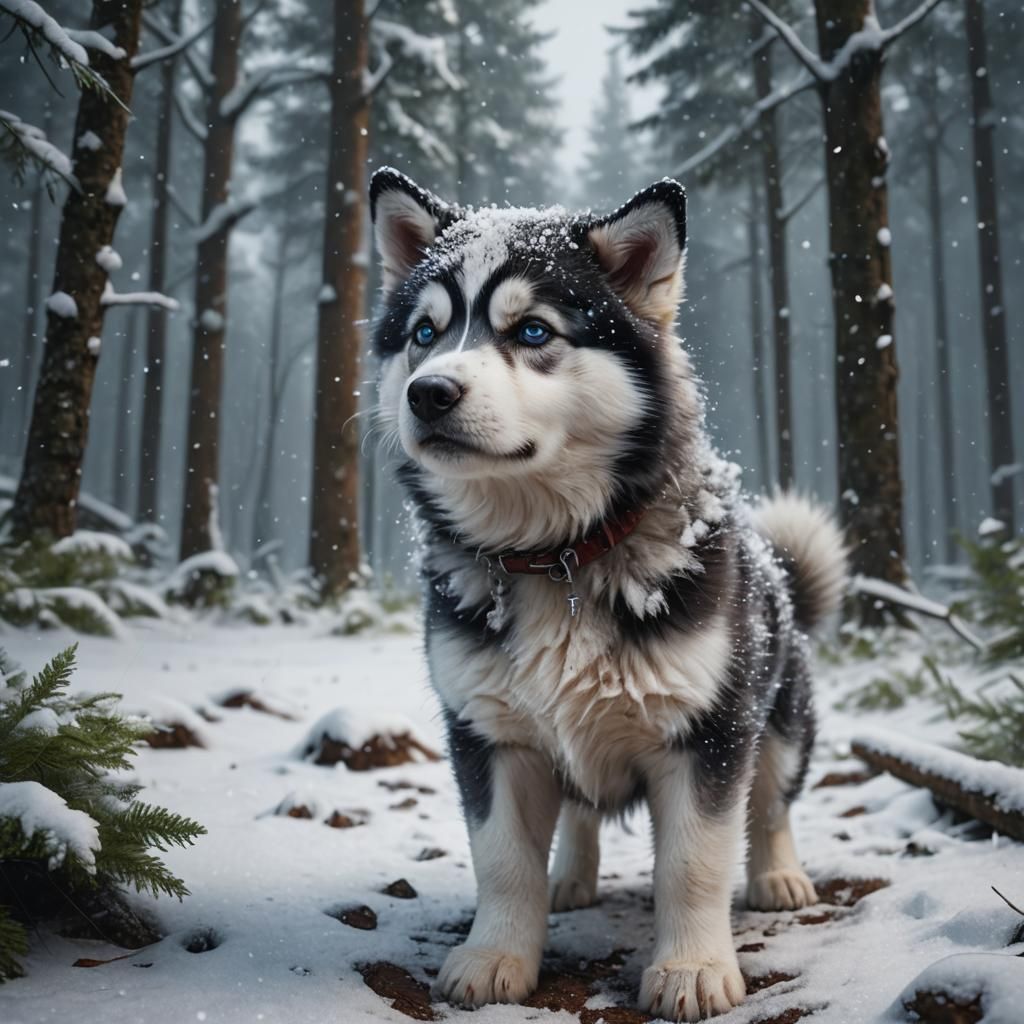 Fluffy Husky Puppy in Winter Forest
