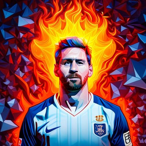 Photorealistic Beautiful  magic glowing color flur origami [[Lionel Messi" holding the magically glowing "FIFA World Cup...