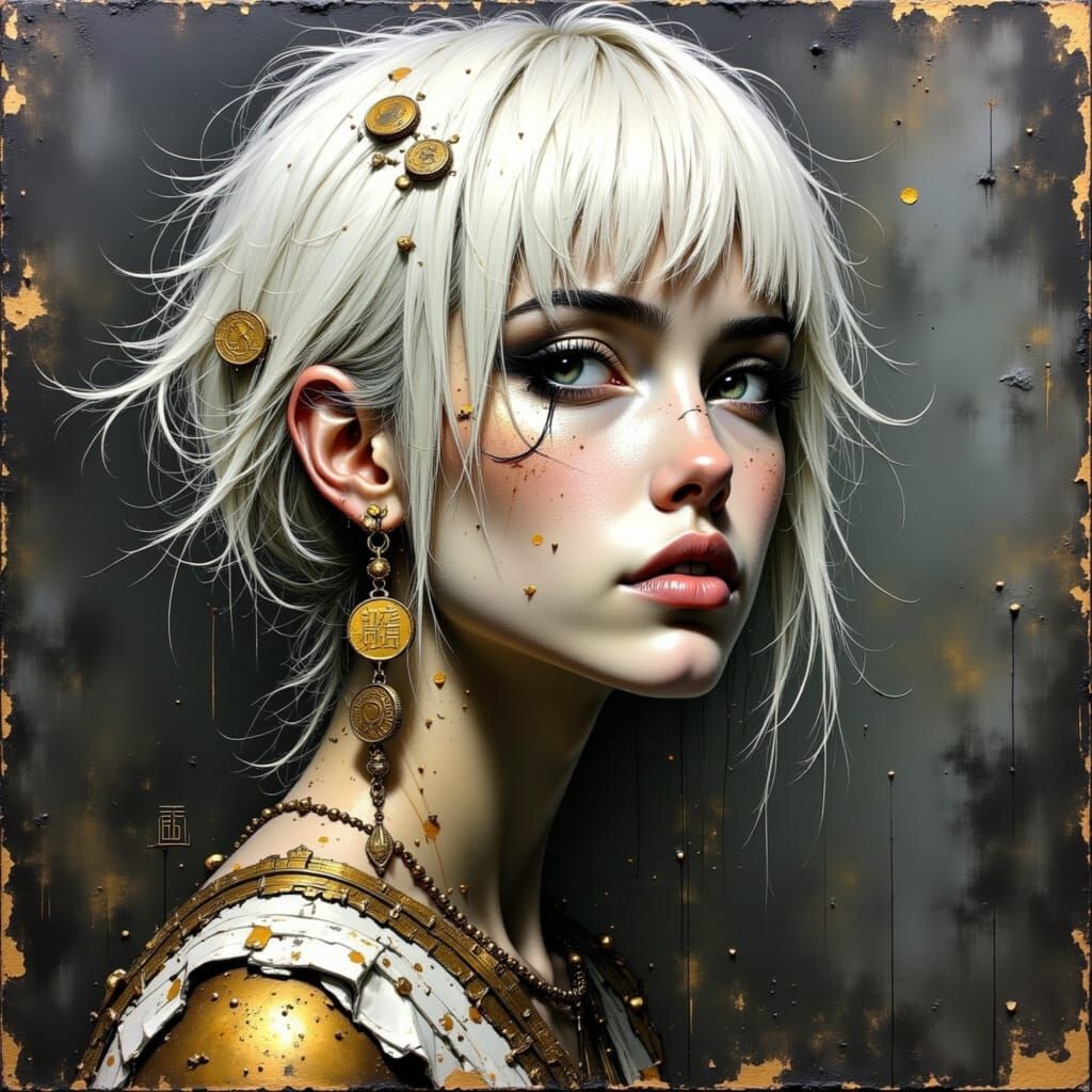 Melancholic Woman with Coin Jewelry as Impasto Painting