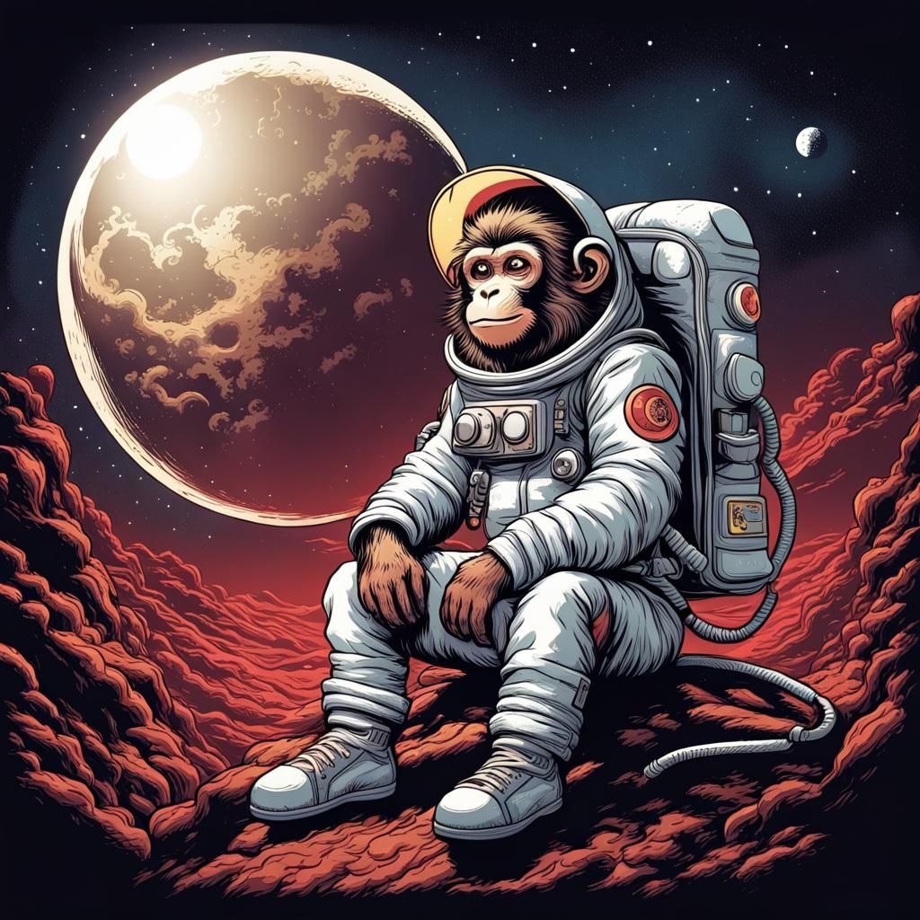 Santa Monkey on Moon in Comic Book Style