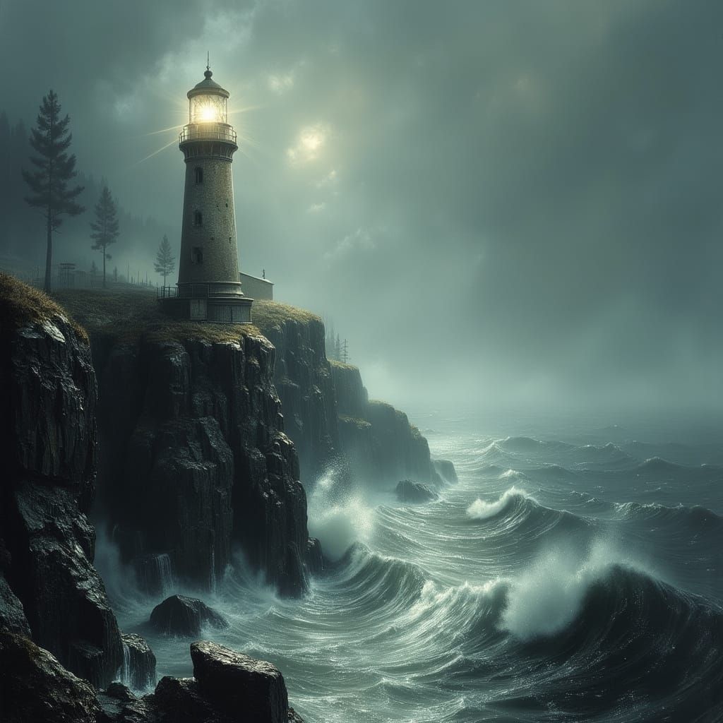 Atmospheric Lighthouse in Ethereal Fog