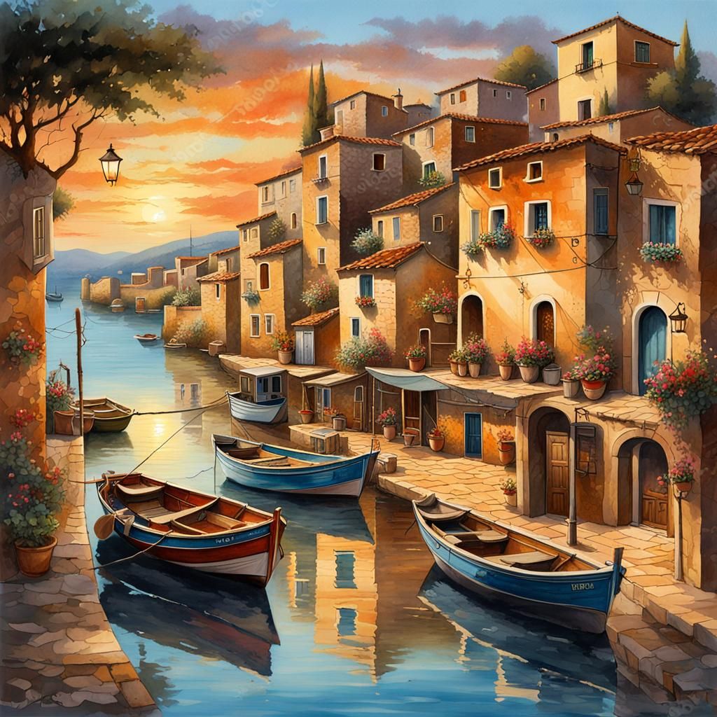 Mediterranean Fishing Village at Sunset, Watercolor Illustra...