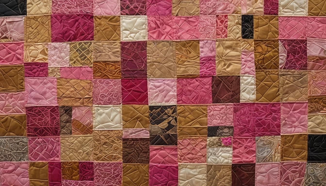 Vibrant Collage Art Quilt with Pink Symbolic Patterns