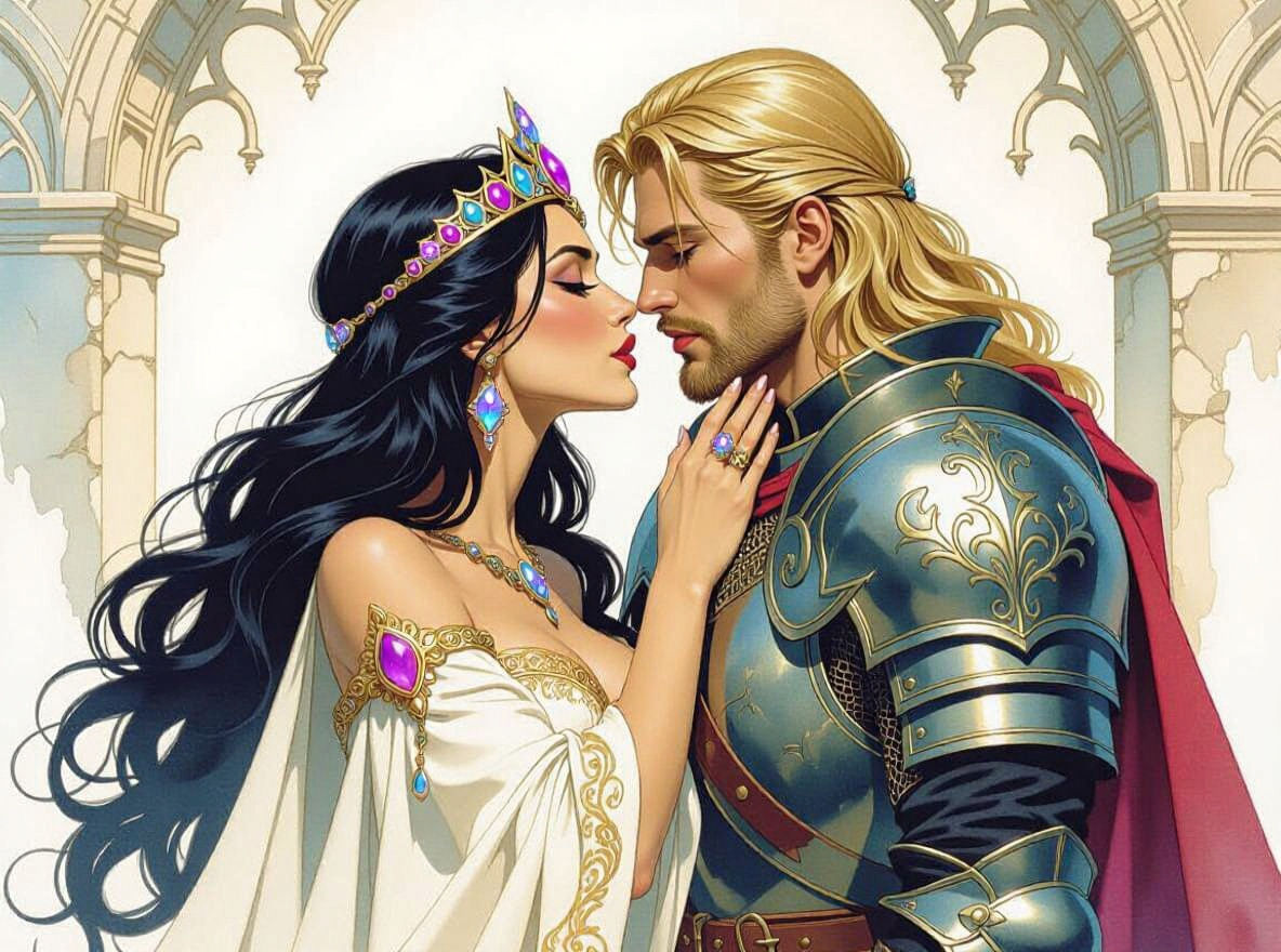 Sorceress and Knight Kiss in Watercolor Style