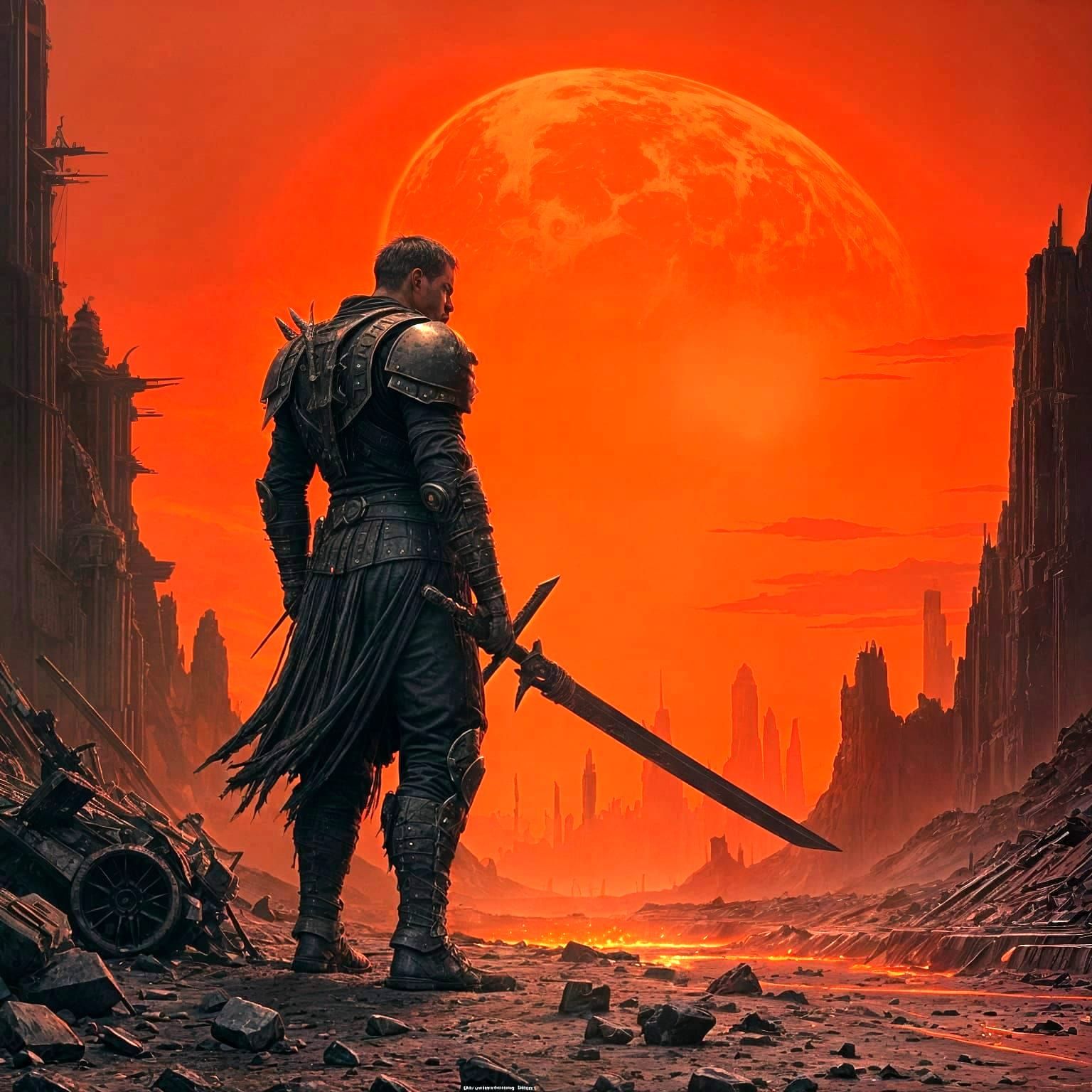 Warrior Silhouetted on War-Torn Planet in Dark Fantasy Art