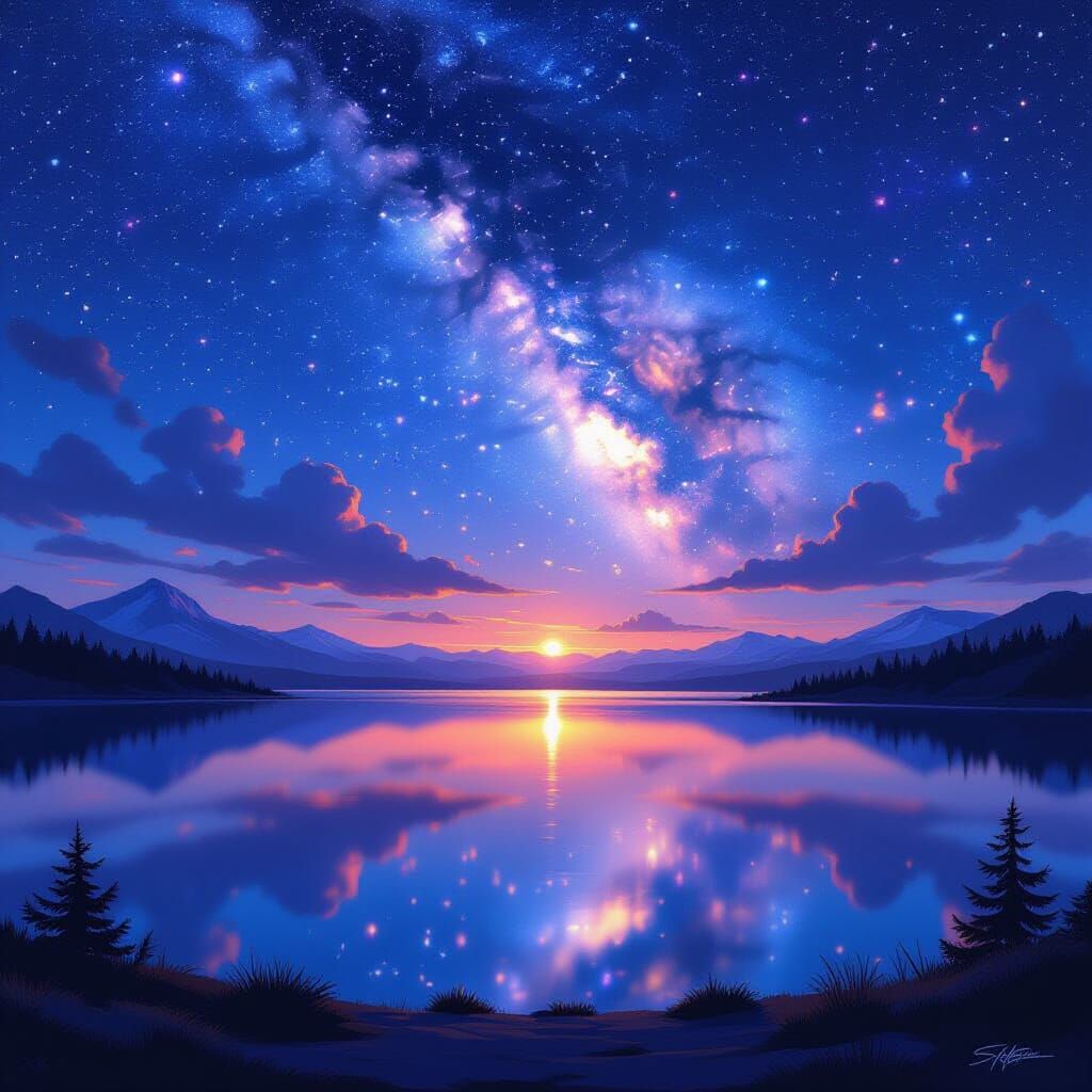 Exoplanetary Lakes Reflecting Galaxy, Digital Painting Style