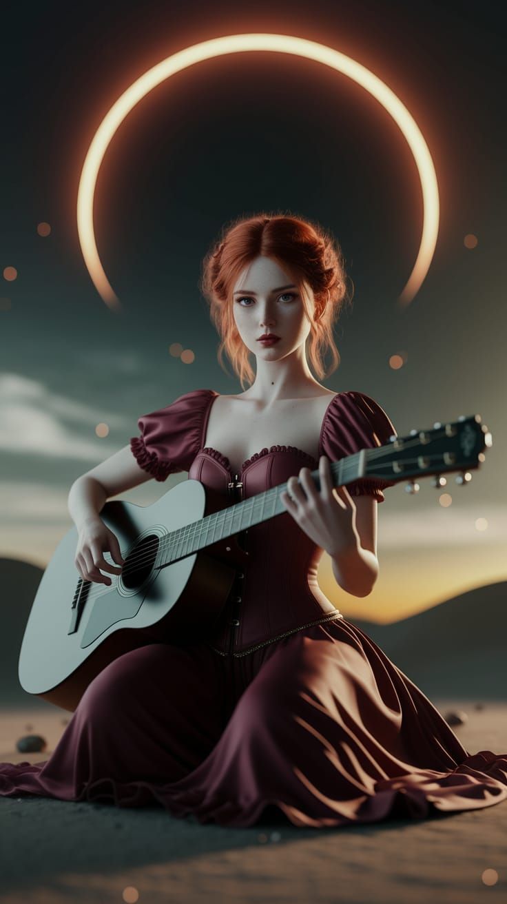 Redhead Guitarist Under Eclipse: 8k HDR Photo